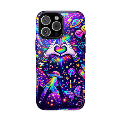 Rainbow Heart Hands Phone Case – Neon Galaxy EDM Festival Tough Cover