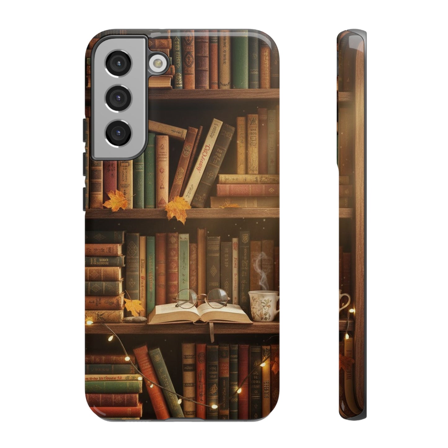 Cozy Vintage Bookshelf Phone Case, Library Aesthetic Book Stack, Autumn Coffee Vibes (iPhone, Samsung, Pixel)
