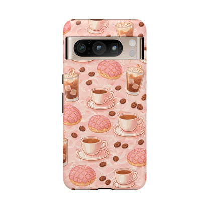 Cute Coffee & Pink Concha Phone Case – Coffee Lover Aesthetic Latte Pattern Tough Case