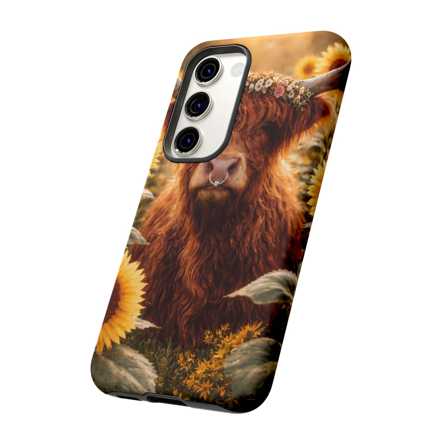 Highland Cow Sunflower Phone Case | Floral Farmhouse iPhone, Samsung Galaxy and Pixel Cover