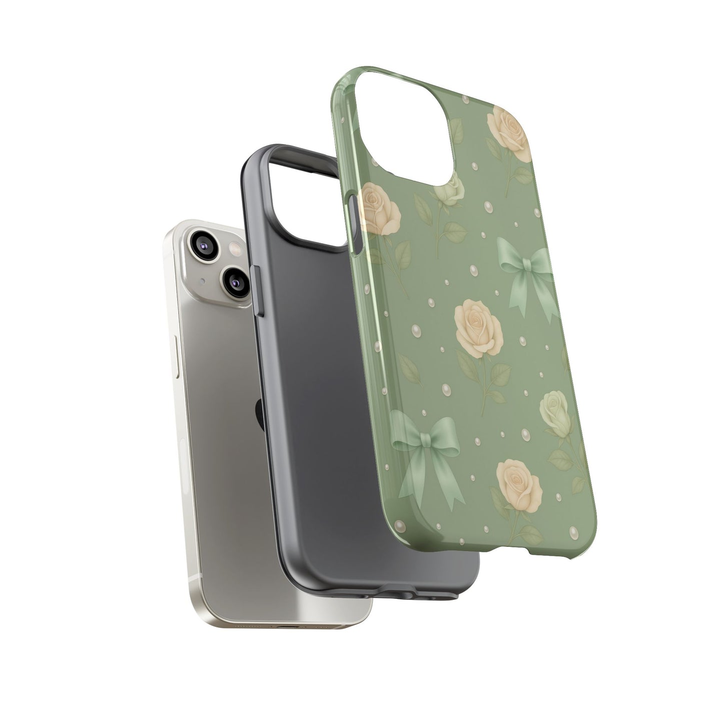 Vintage Rose Bow Phone Case – Sage Green Floral Coquette Aesthetic Tough Case (iPhone, Samsung, Pixel)