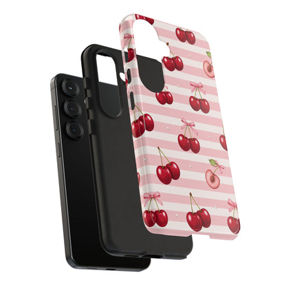 Coquette Cherry Bow Phone Case | Cute Pink Aesthetic Cherry Pattern Tough Case for iPhone & Samsung