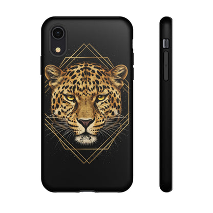 Leopard Head Geometric Phone Case – Black & Gold Luxe Tough Case