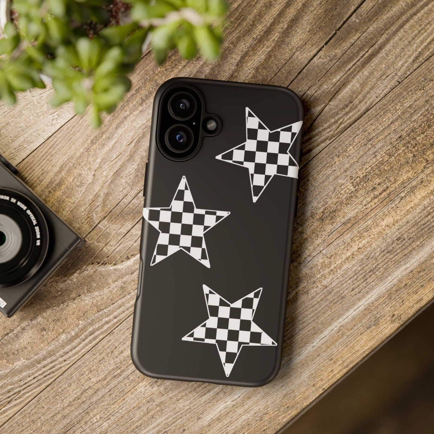 Checkered Star Tough Phone Case – Black Retro Graphic Protective Cover for Iphone, Samsung Galaxy and Pixel