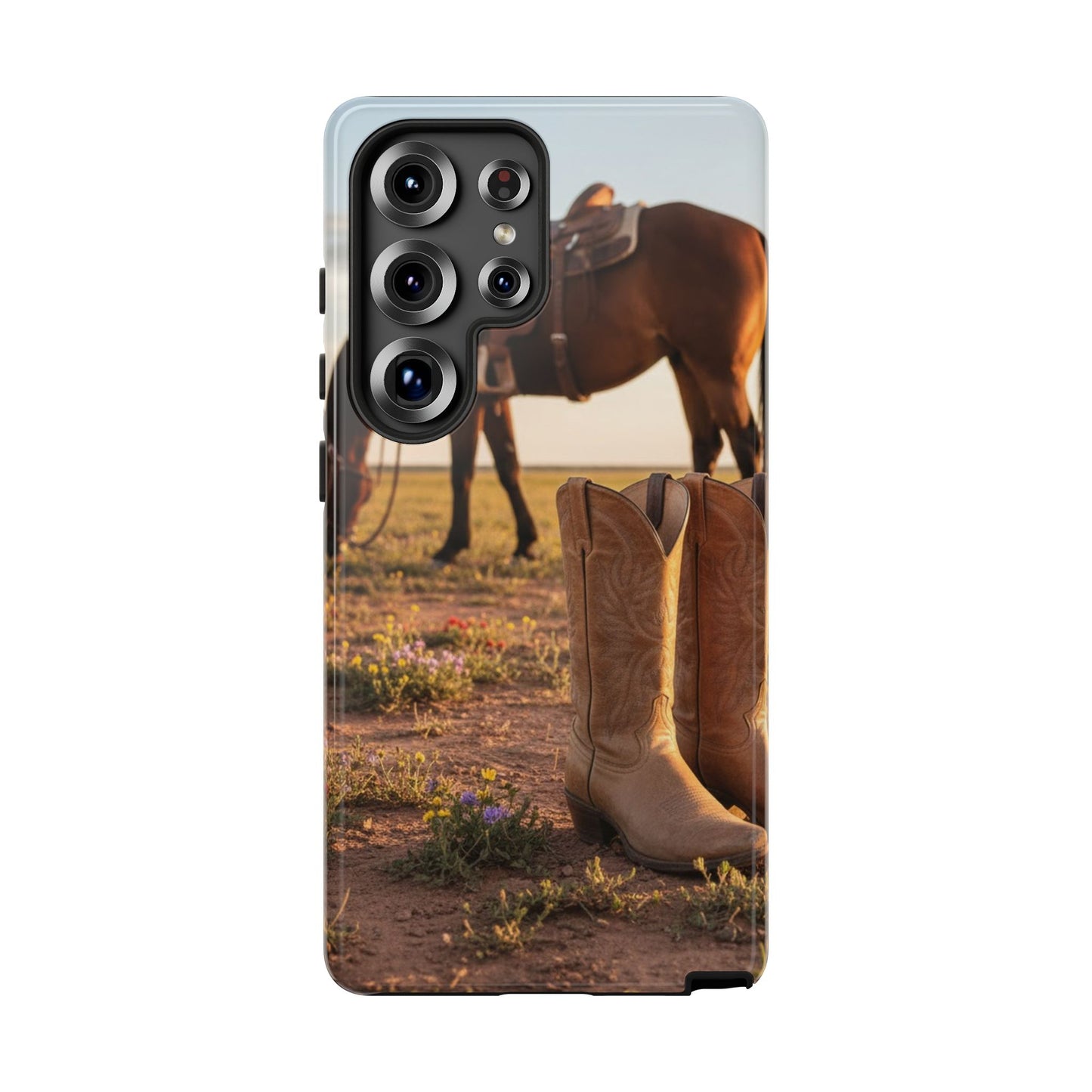 Western Cowboy Boots Phone Case – Rustic Horse Sunset Tough Case (iPhone, Samsung, Pixel)