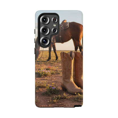 Western Cowboy Boots Phone Case – Rustic Horse Sunset Tough Case (iPhone, Samsung, Pixel)