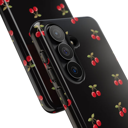 Cherry Pattern Phone Case — Slim Black Protective iPhone Case with Red Cherries for Iphone, Samsung Galaxy and Pixel