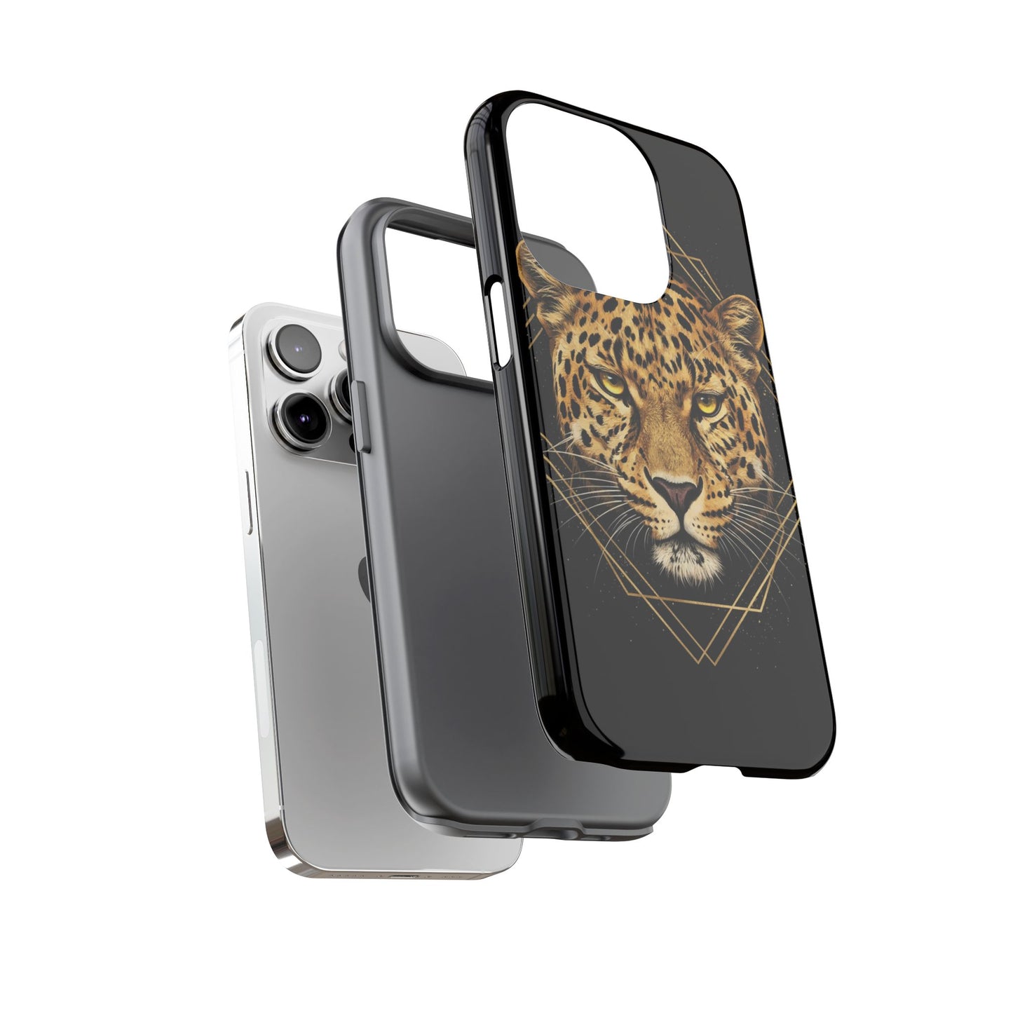 Leopard Head Geometric Phone Case – Black & Gold Luxe Tough Case