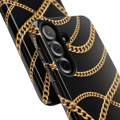 Luxury Gold Chain Phone Case – Black Designer Style Tough Protective Cover for Iphone, Samsung Galaxy and Pixel