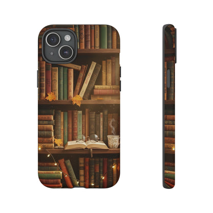 Cozy Vintage Bookshelf Phone Case, Library Aesthetic Book Stack, Autumn Coffee Vibes (iPhone, Samsung, Pixel)