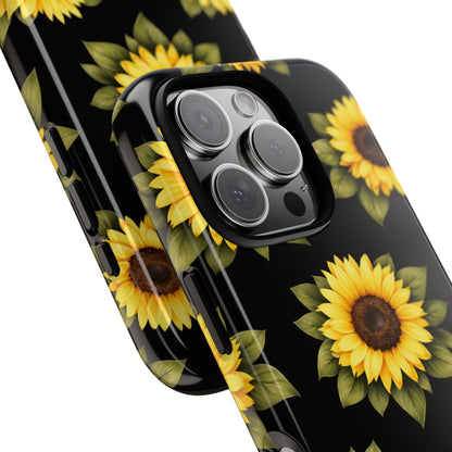 Sunflower Floral Tough Phone Case – Black Background Protective Cover for Iphone, Samsung Galaxy and Pixel