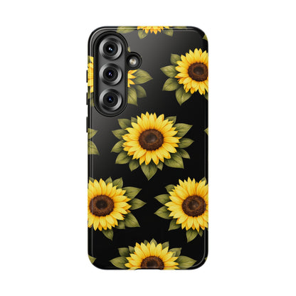 Sunflower Floral Tough Phone Case – Black Background Protective Cover for Iphone, Samsung Galaxy and Pixel