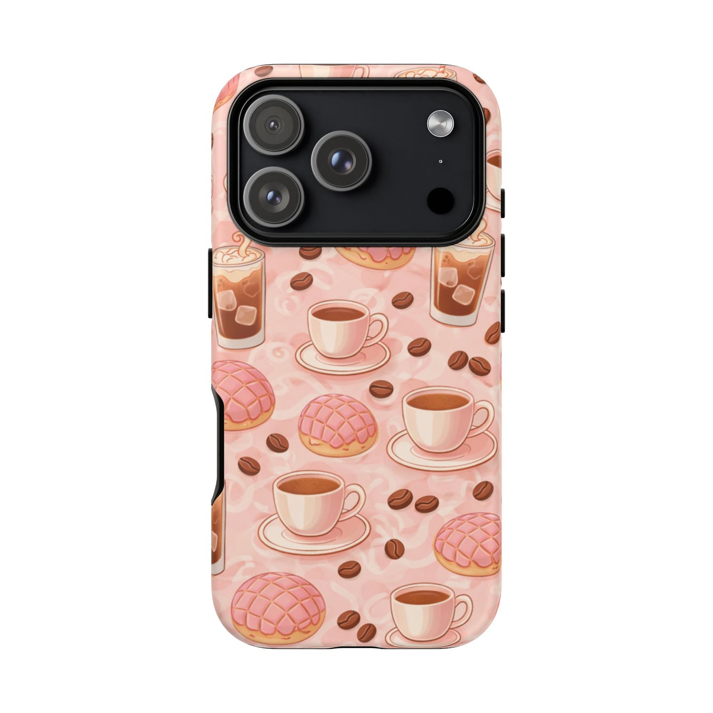 Cute Coffee & Pink Concha Phone Case – Coffee Lover Aesthetic Latte Pattern Tough Case
