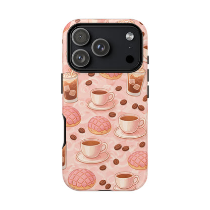 Cute Coffee & Pink Concha Phone Case – Coffee Lover Aesthetic Latte Pattern Tough Case