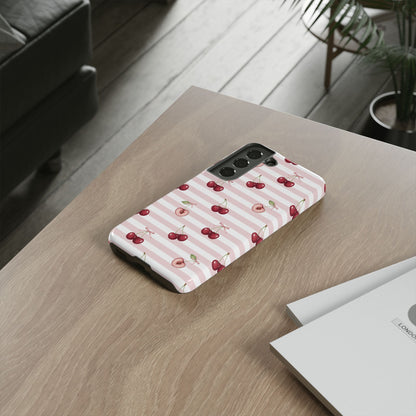 Pink Cherry Stripe Phone Case | Cute Coquette Aesthetic Protective Tough Case