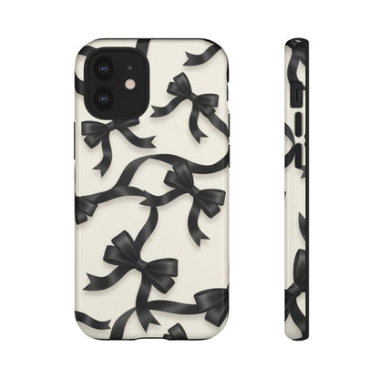 Black Ribbon Bow Phone Case, Minimal Bow Pattern Tough Protective Case
