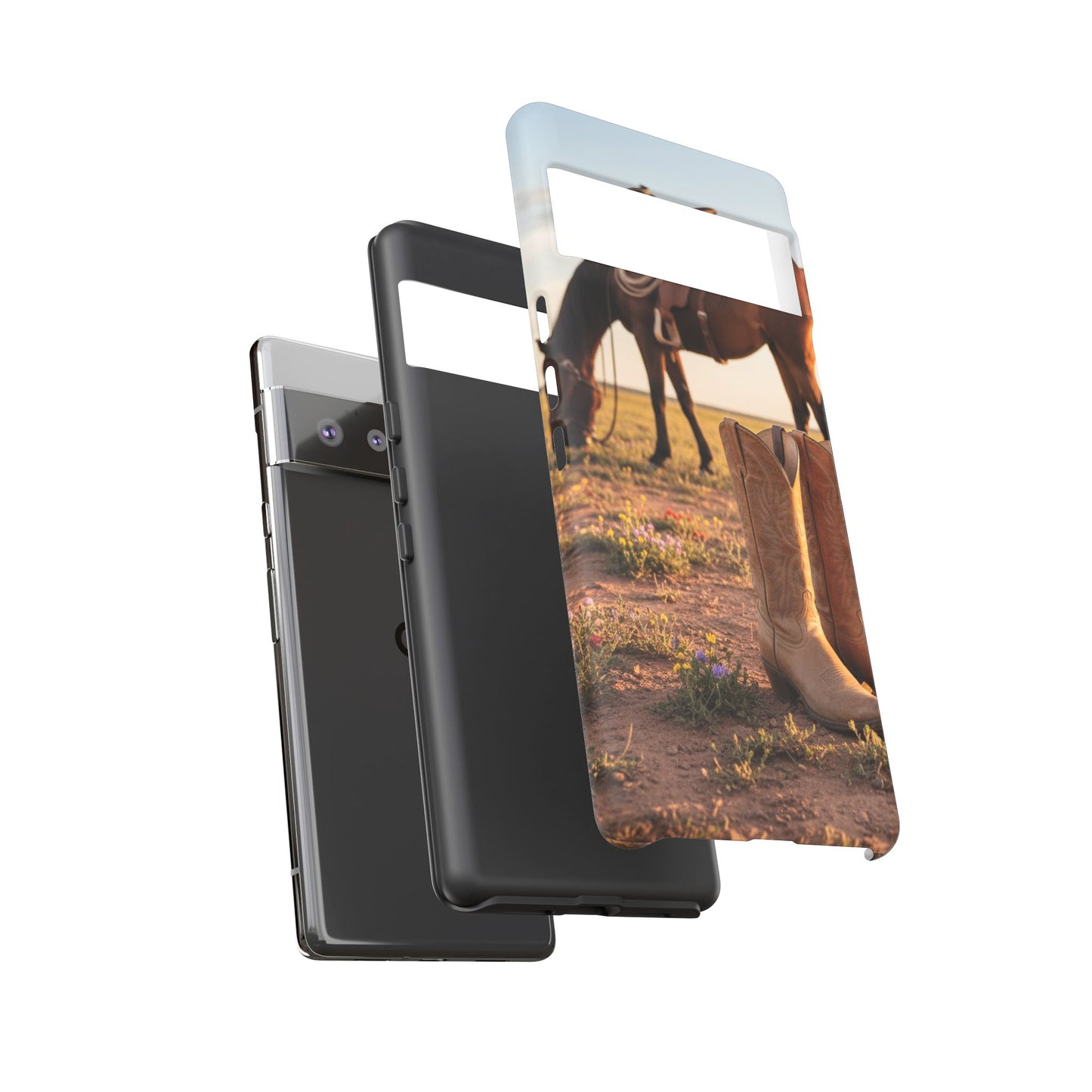 Western Cowboy Boots Phone Case – Rustic Horse Sunset Tough Case (iPhone, Samsung, Pixel)