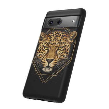 Leopard Head Geometric Phone Case – Black & Gold Luxe Tough Case