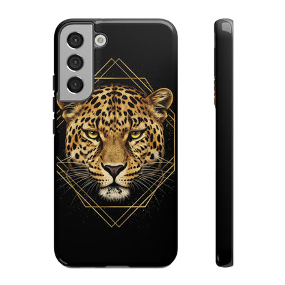 Leopard Head Geometric Phone Case – Black & Gold Luxe Tough Case