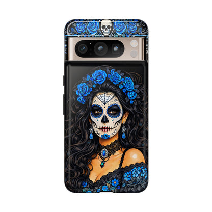 Blue Sugar Skull Woman Phone Case – Day of the Dead Aesthetic Tough Cover