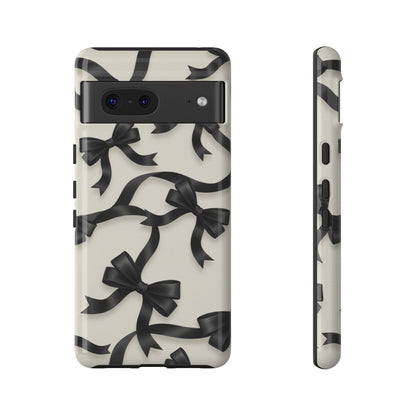 Black Ribbon Bow Phone Case, Minimal Bow Pattern Tough Protective Case
