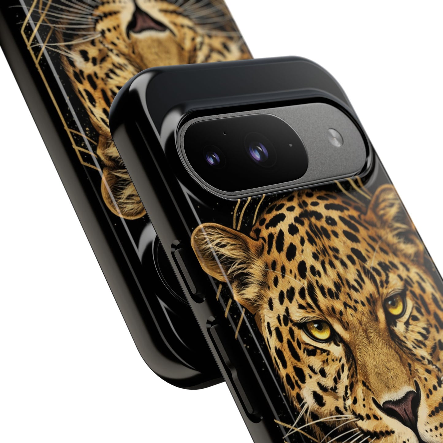 Leopard Head Geometric Phone Case – Black & Gold Luxe Tough Case