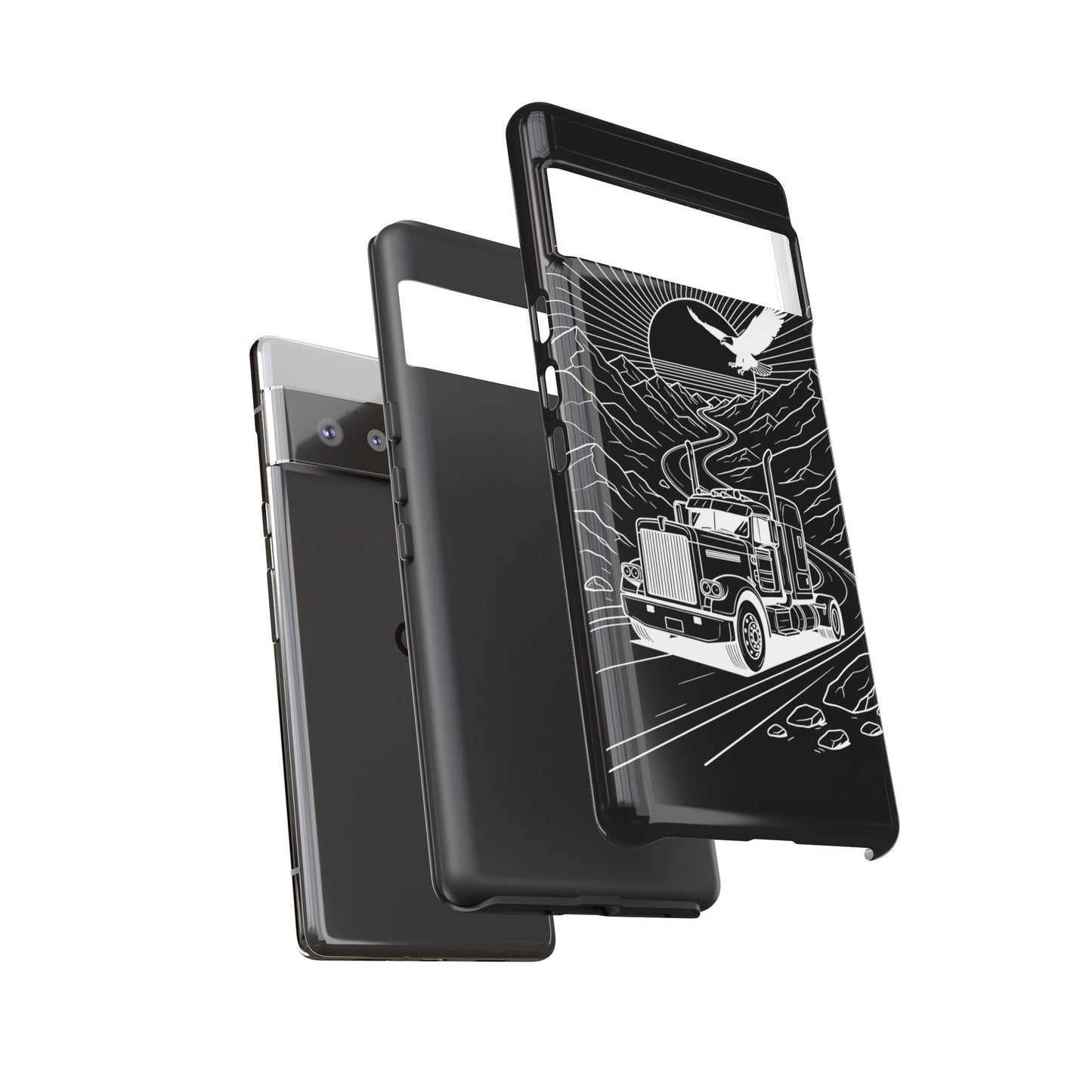 Trucker Highway Phone Case | Eagle & Mountain Line Art | Black Western Tough Case