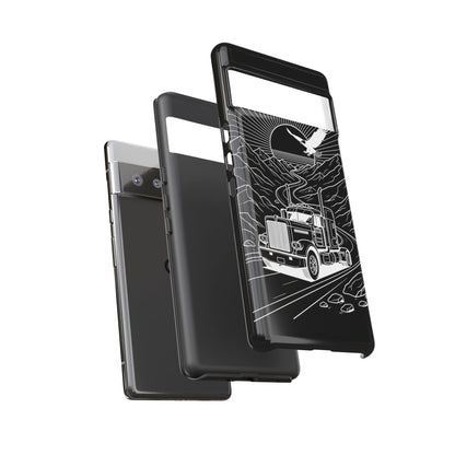 Trucker Highway Phone Case | Eagle & Mountain Line Art | Black Western Tough Case