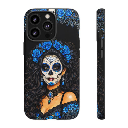Blue Sugar Skull Woman Phone Case – Day of the Dead Aesthetic Tough Cover