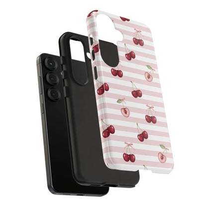 Pink Cherry Stripe Phone Case | Cute Coquette Aesthetic Protective Tough Case