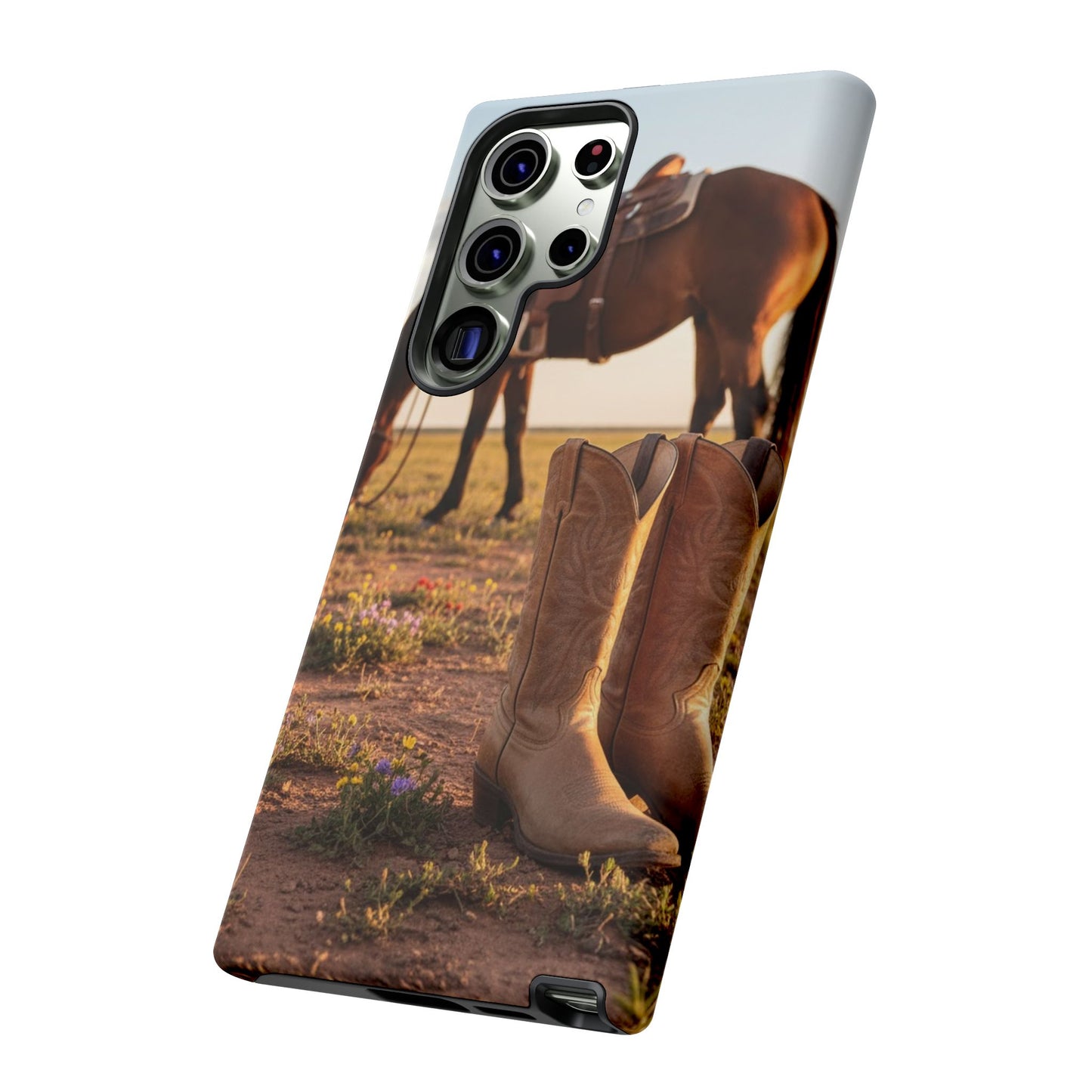 Western Cowboy Boots Phone Case – Rustic Horse Sunset Tough Case (iPhone, Samsung, Pixel)