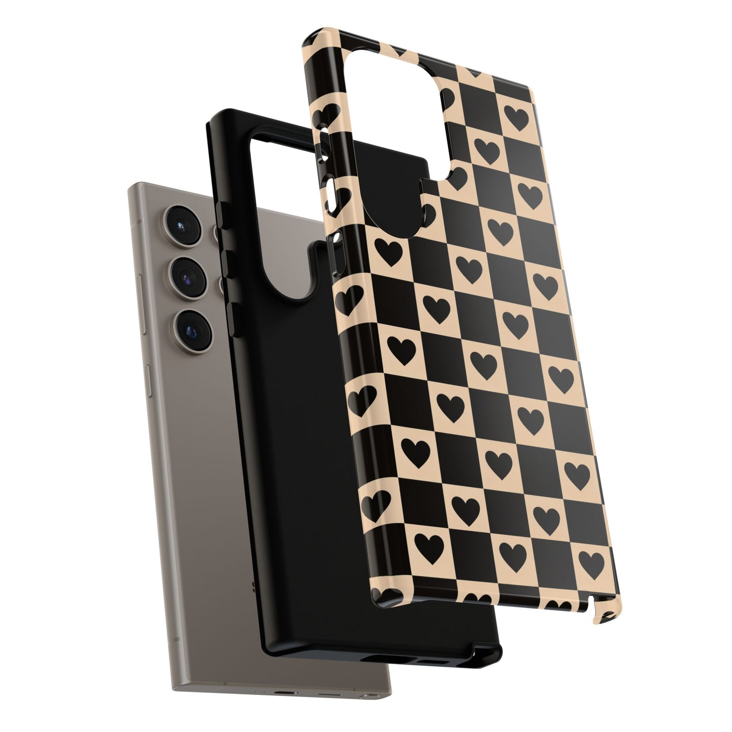 Checkerboard Heart Phone Case – Black & Beige Cute Aesthetic Protective Cover for Iphone, Samsung Galaxy and Pixel