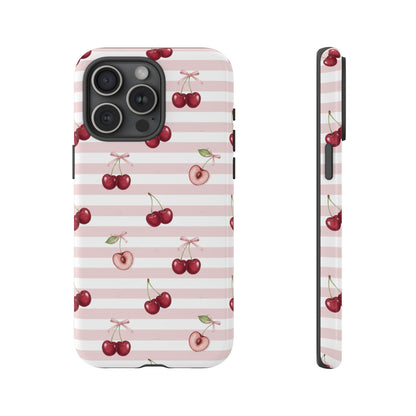 Pink Cherry Stripe Phone Case | Cute Coquette Aesthetic Protective Tough Case