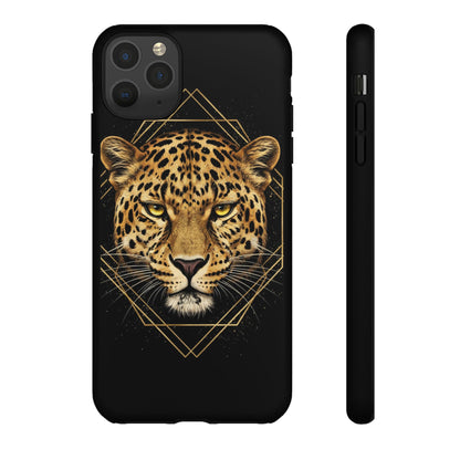 Leopard Head Geometric Phone Case – Black & Gold Luxe Tough Case