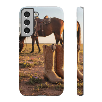 Western Cowboy Boots Phone Case – Rustic Horse Sunset Tough Case (iPhone, Samsung, Pixel)
