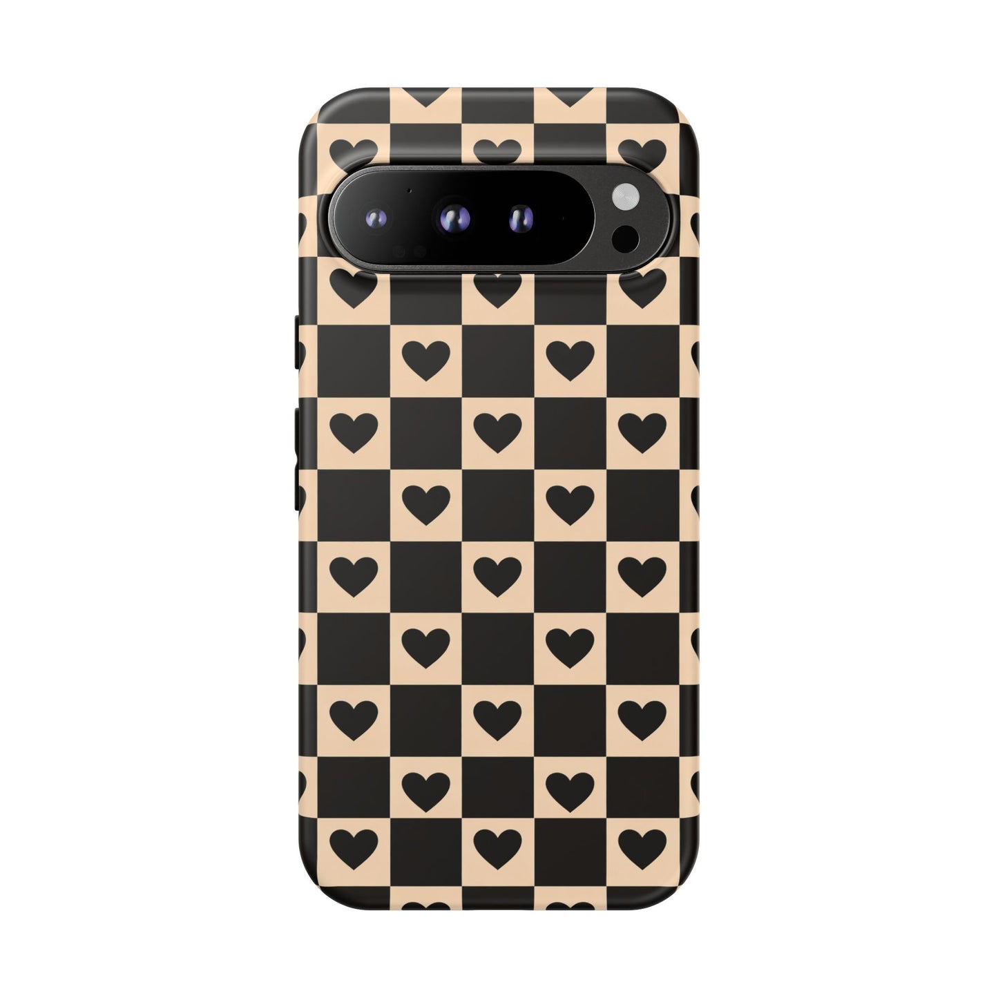 Checkerboard Heart Phone Case – Black & Beige Cute Aesthetic Protective Cover for Iphone, Samsung Galaxy and Pixel