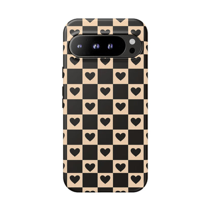 Checkerboard Heart Phone Case – Black & Beige Cute Aesthetic Protective Cover for Iphone, Samsung Galaxy and Pixel