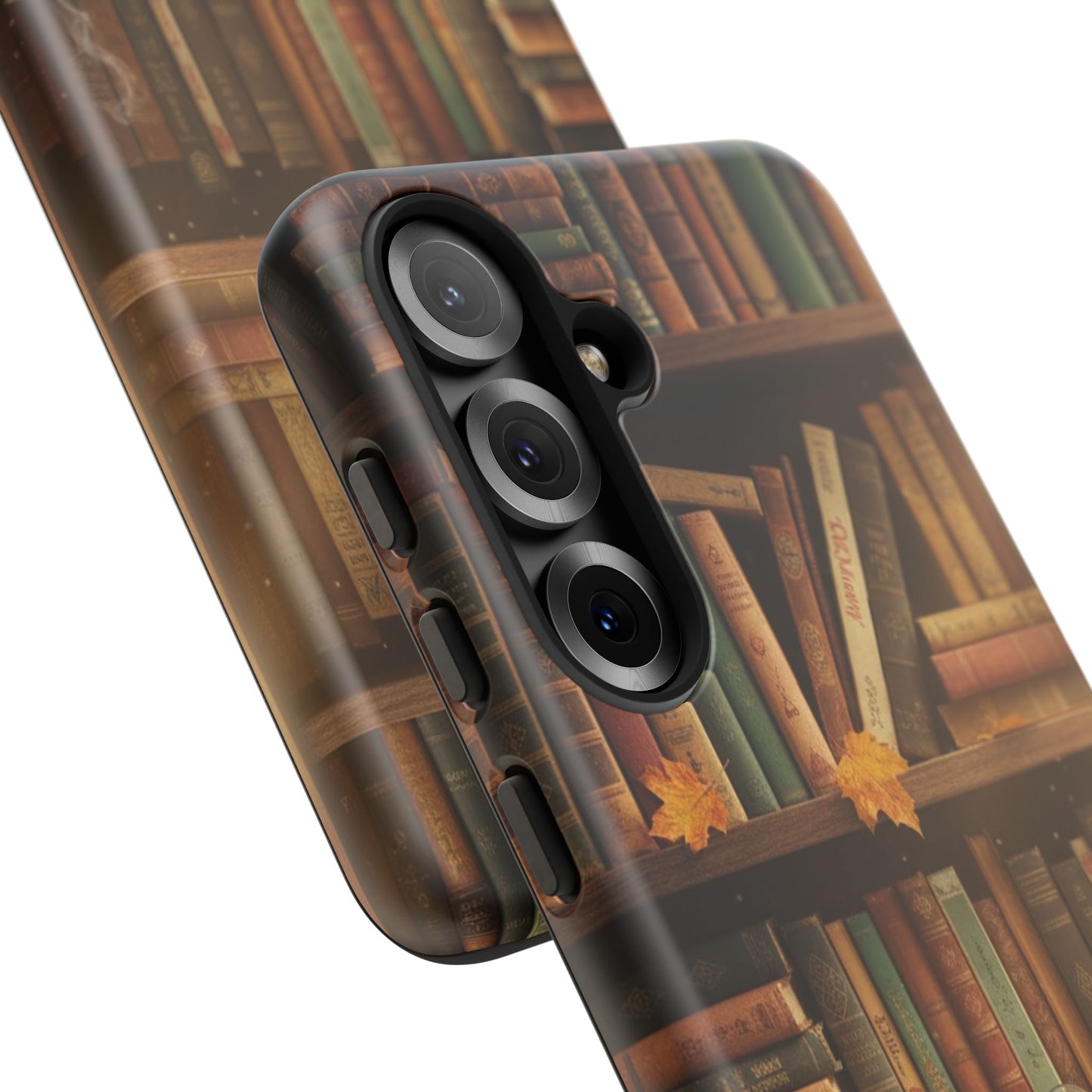 Cozy Vintage Bookshelf Phone Case, Library Aesthetic Book Stack, Autumn Coffee Vibes (iPhone, Samsung, Pixel)