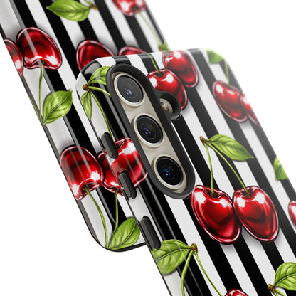 Cherry Pattern Phone Case Black White Stripe Retro Aesthetic Tough Cover