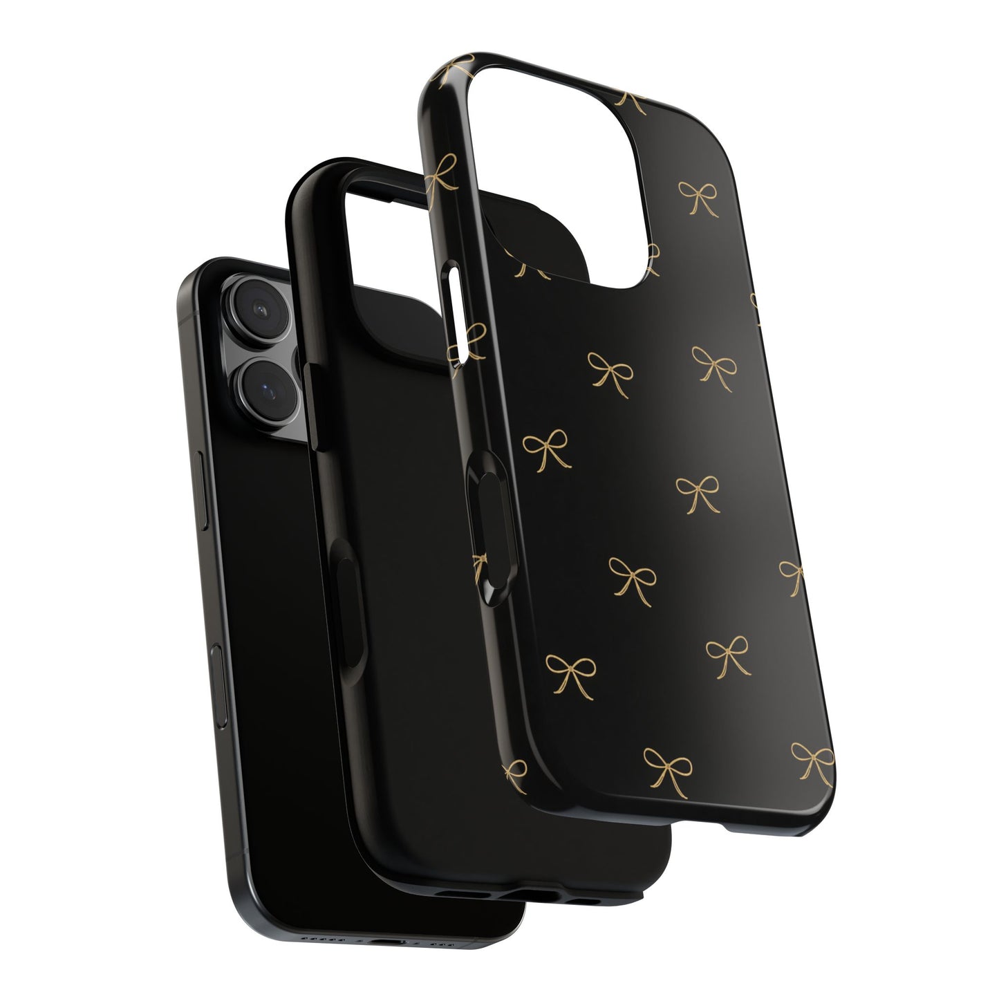 Black Phone Case with Gold Bow Pattern – Slim Protective Cute Aesthetic Cover for Iphone, Samsung Galaxy and Pixel