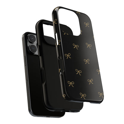 Black Phone Case with Gold Bow Pattern – Slim Protective Cute Aesthetic Cover for Iphone, Samsung Galaxy and Pixel