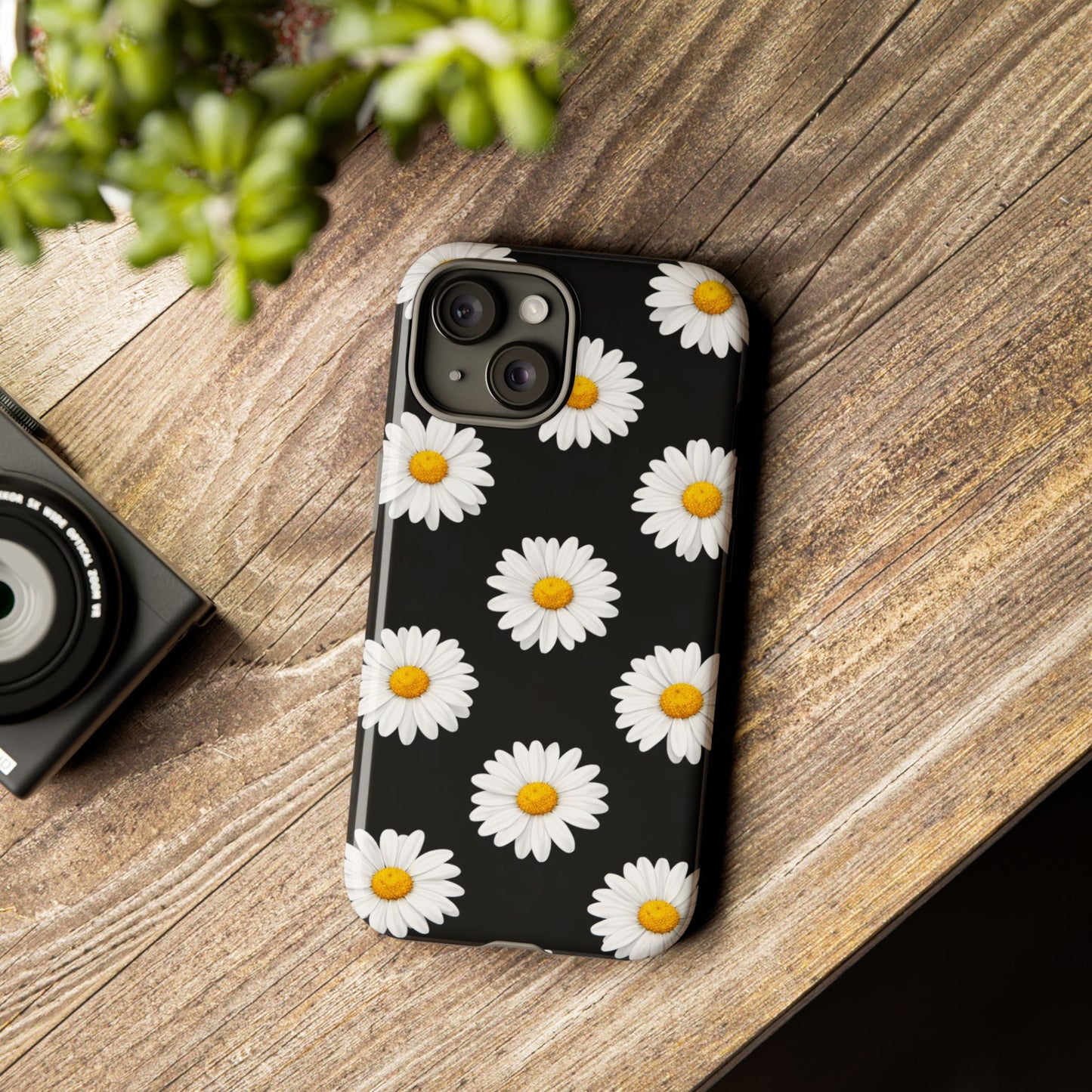 Black Daisy Floral Tough Phone Case – Cute Protective Cover for Iphone, Samsung Galaxy and Pixel