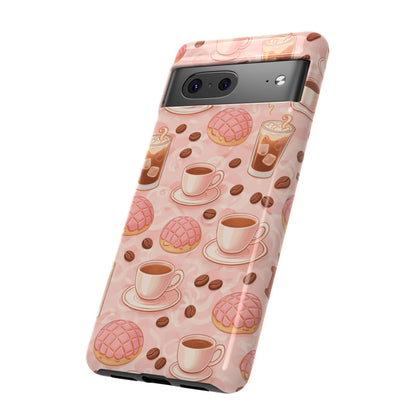 Cute Coffee & Pink Concha Phone Case – Coffee Lover Aesthetic Latte Pattern Tough Case