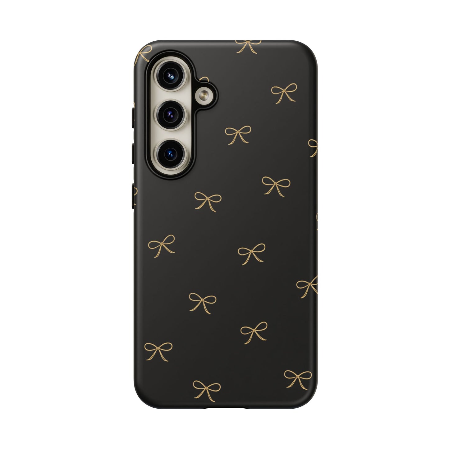 Black Phone Case with Gold Bow Pattern – Slim Protective Cute Aesthetic Cover for Iphone, Samsung Galaxy and Pixel