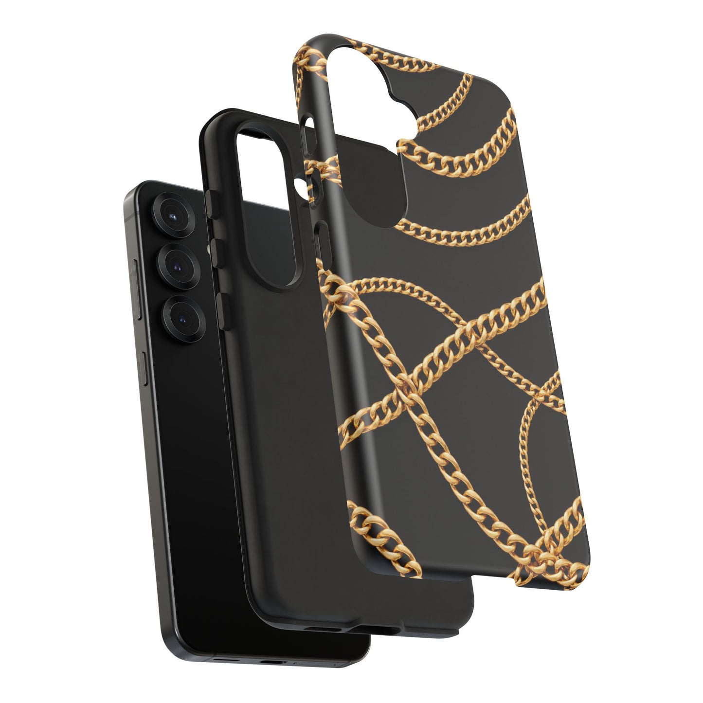Luxury Gold Chain Phone Case – Black Designer Style Tough Protective Cover for Iphone, Samsung Galaxy and Pixel
