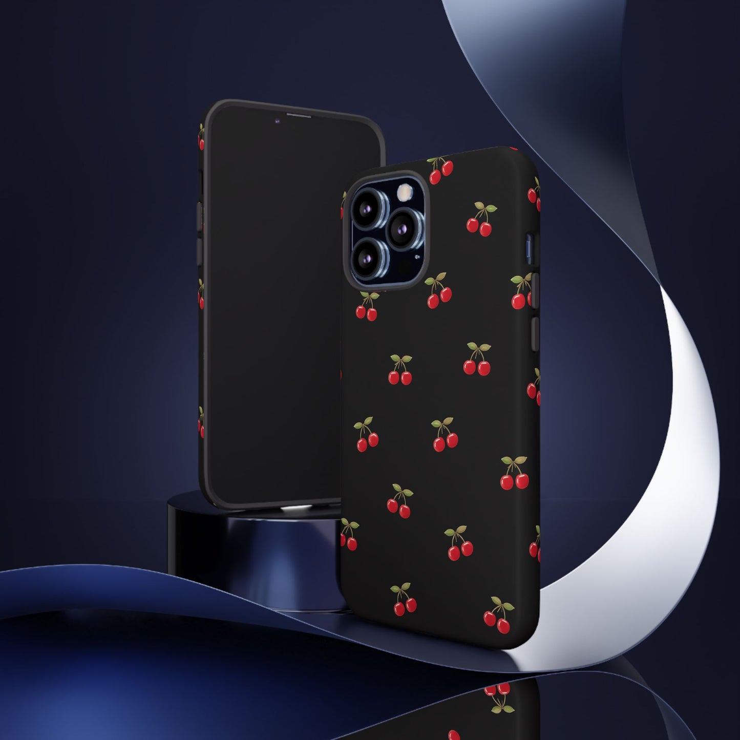 Cherry Pattern Phone Case — Slim Black Protective iPhone Case with Red Cherries for Iphone, Samsung Galaxy and Pixel