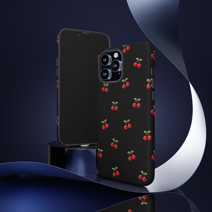 Cherry Pattern Phone Case — Slim Black Protective iPhone Case with Red Cherries for Iphone, Samsung Galaxy and Pixel