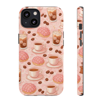 Cute Coffee & Pink Concha Phone Case – Coffee Lover Aesthetic Latte Pattern Tough Case