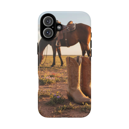 Western Cowboy Boots Phone Case – Rustic Horse Sunset Tough Case (iPhone, Samsung, Pixel)