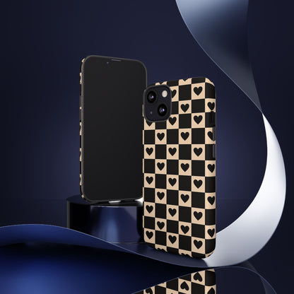 Checkerboard Heart Phone Case – Black & Beige Cute Aesthetic Protective Cover for Iphone, Samsung Galaxy and Pixel